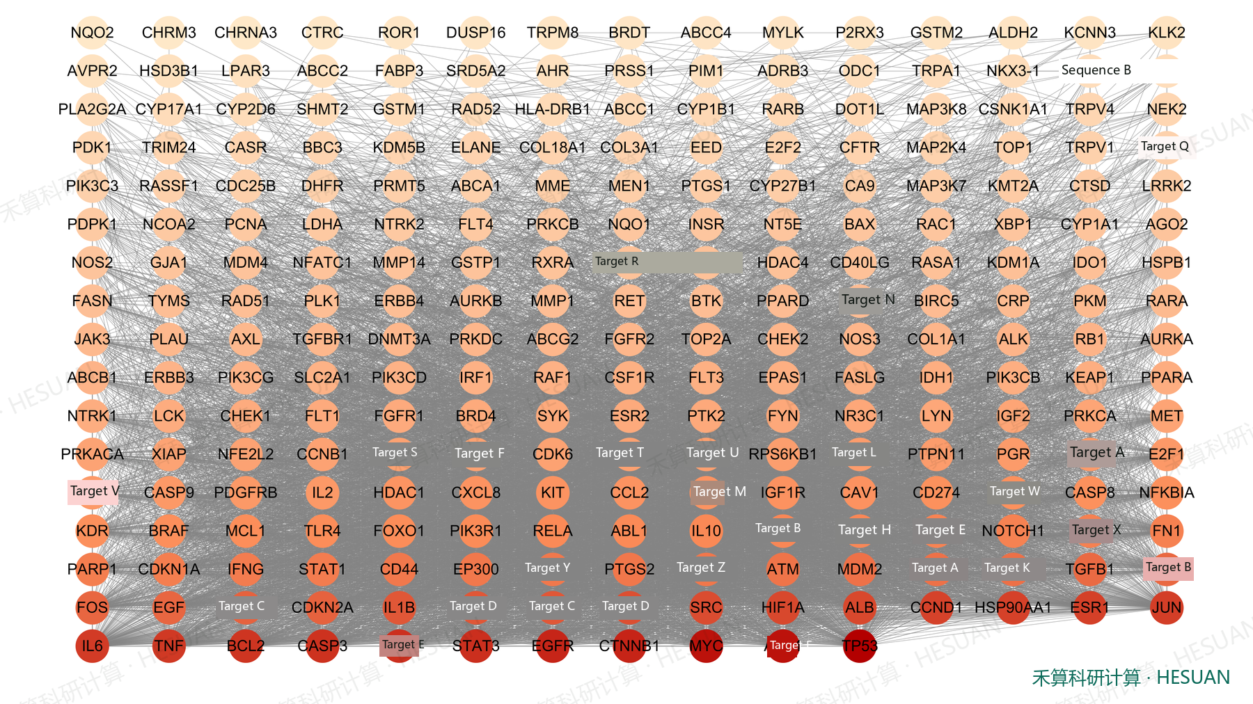 Figure 3 Cytoscape redrawing of the PPI network. The color of the nodes increases from light to deep, the position increases with up-to-down reflectance; the bottom deep red nodes are high-connectivity hubs, and the high density on the edges further shows the common target constituting the interconnected core control network.